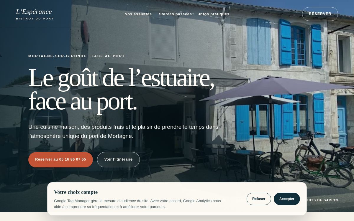 Site internet du Bistrot du Port de l’Espérance à Mortagne-sur-Gironde
